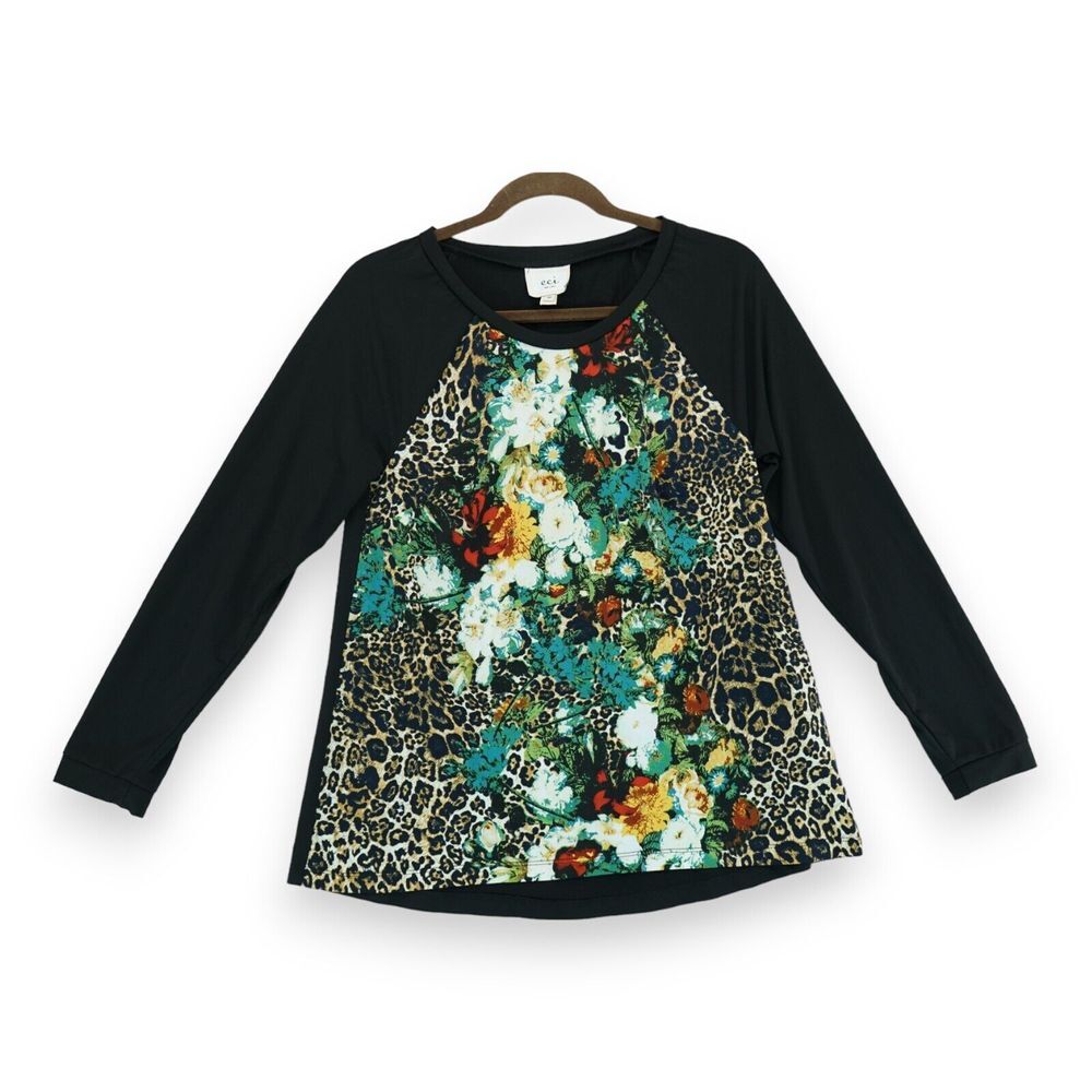 ECI New York Womens Top Black Floral Animal Print Long Sleeve Round Neck Size M